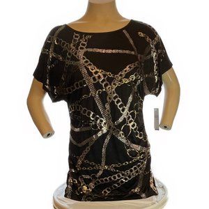 B WEAR BLACK BLOUSE WITH GOLD CHAINS PRINT, NWT SIZE XL